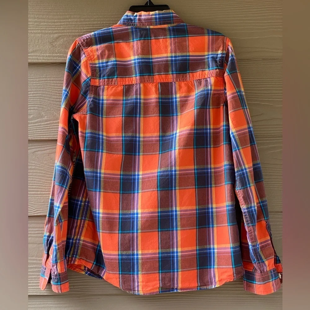 OshKosh B'Gosh Boys' Orange Blue Plaid Woven Buttonfront Cotton Shirt Size 14